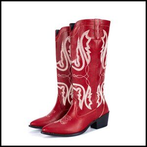 Women's Mid Calf Cowboy Boots Embroidered Pointed Toe Block Heel Western